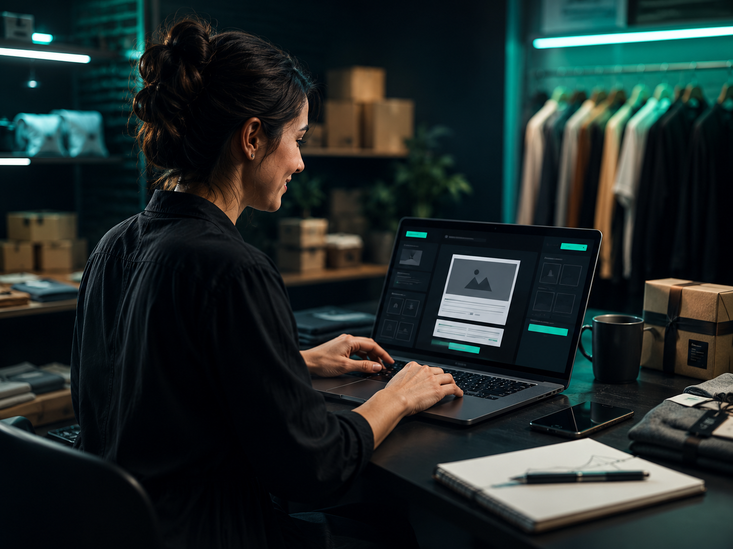 Small-business owner building an email campaign on a laptop in her studio